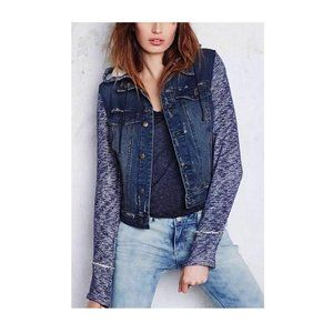Free People Distressed Denim/Knit Hoodie Jacket